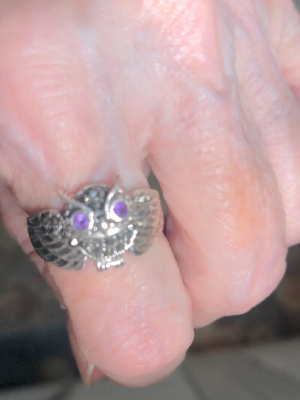 Sterling Silver Owl Ring with Amethyst Gemstone Accents, New.  Sz. 9 1/4